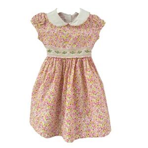 Bonnie Jean Girls 4T Pink Floral Smocked Dress, Peter Pan Collar, Easter